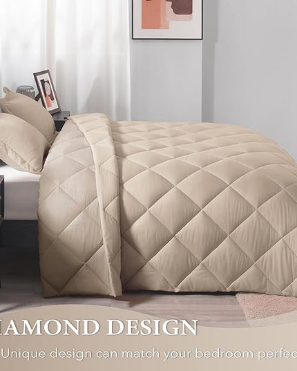downluxe King Size Comforter Set - Khaki King Comforter Set, 3 Pieces Soft Solid Comforter King Size Set for All Seasons, 1 Lightweight Fluffy Comforter (104"x92") and 2 Pillow Shams - LeafyLoom