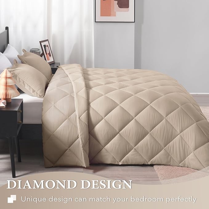 downluxe King Size Comforter Set - Khaki King Comforter Set, 3 Pieces Soft Solid Comforter King Size Set for All Seasons, 1 Lightweight Fluffy Comforter (104"x92") and 2 Pillow Shams - LeafyLoom