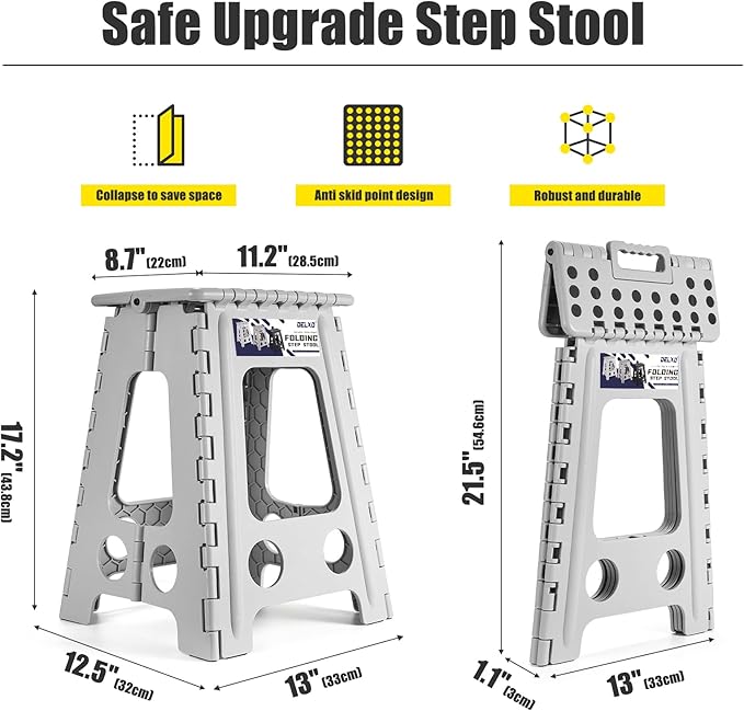 Delxo Folding Step Stool 17.5 Inch,Heavy Duty Step Stools for Adults,Non Slip Folding Stool with Handle,Premium Portable Foldable Step Stool for Kitchen Bathroom Bedroom Up to 400LBS,(Grey,1PC) - LeafyLoom