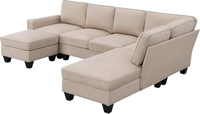 104" L-shaped Sectional Sofa, 7 Seater Couch Set with Chaise Lounge and Convertible Ottoman, Comfy Sectional Sofa for Living Room, Apartment, Office - LeafyLoom