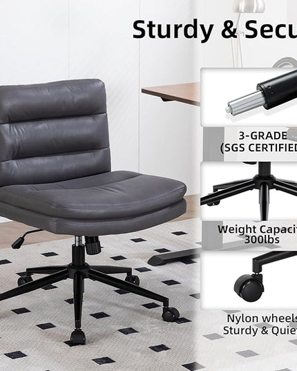 Armless Office Chair with Wheels Wide Desk Chair Leather Mid Back Accent Chair Padded Swivel Vanity Chair for Girl Women Computer Task Chair for Home Office (Suede Fabric,Gray) - LeafyLoom