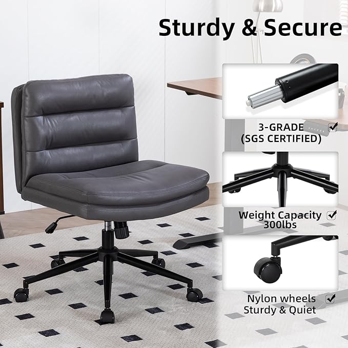 Armless Office Chair with Wheels Wide Desk Chair Leather Mid Back Accent Chair Padded Swivel Vanity Chair for Girl Women Computer Task Chair for Home Office (Suede Fabric,Gray) - LeafyLoom