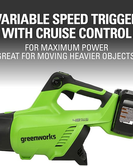 Greenworks 48V (2 x 24V) Cordless Brushless Axial Leaf Blower (140 MPH / 585 CFM / 125+ Compatible Tools), (2) 4.0Ah Batteries and Dual Port Rapid Charger Included - LeafyLoom
