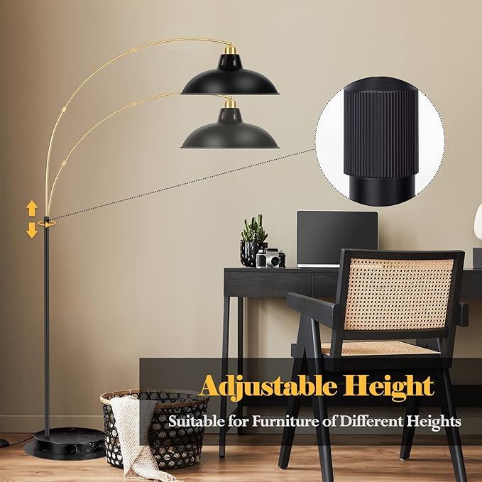 Arc Floor Lamp for Living Room, Marble Base Standing Lamp - Black Gold Floor Lamps with 360° Rotatable Arm, Industrial Tall Lamp Metal Material, Reading Lamp for Bedroom Couch Sofa Desk - LeafyLoom