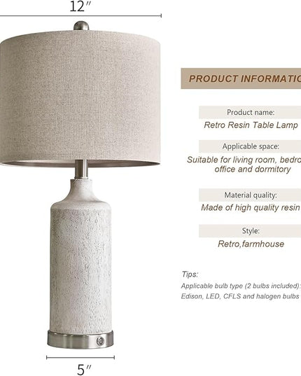 OYEARS 24” Table Lamps Set of 2, Bedside Lamps for Bedroom Night Stands, 3-Way Dimmable Table Lamps for Living Room With USB A+C, Farmhouse Touch Lamp for Home Decor, End Table, Modern (Bulb Included) - LeafyLoom