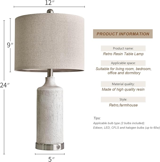 OYEARS 24” Table Lamps Set of 2, Bedside Lamps for Bedroom Night Stands, 3-Way Dimmable Table Lamps for Living Room With USB A+C, Farmhouse Touch Lamp for Home Decor, End Table, Modern (Bulb Included) - LeafyLoom