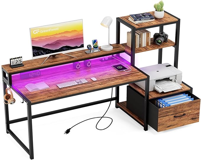GreenForest Computer Desk with Drawer and Printer Shelf, 68.8 inch Home Office Desk with LED Lights and Power Outlets, Desk with Storage for Study Gaming Working, Walnut - LeafyLoom