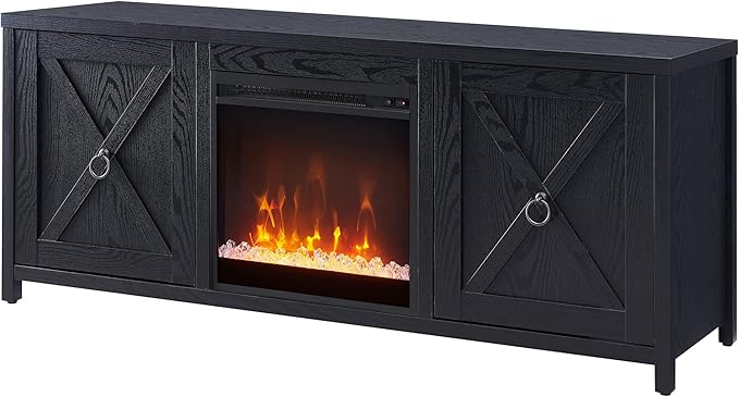 Henn&Hart Rectangular TV Stand with Crystal Fireplace for TV's up to 65" in Black, Electric Fireplace TV Stands for the Living Room - LeafyLoom