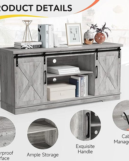 Farmhouse TV Stand for 65 Inch TV Entertainment Center TV Media Console Cabinet, Grey TV Stand with Storage, Barn Doors and Shelves, Tall Modern TV Console Table Furniture for Living Bedroom - LeafyLoom
