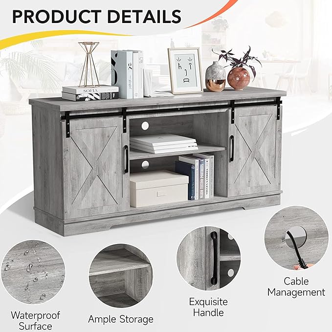 Farmhouse TV Stand for 65 Inch TV Entertainment Center TV Media Console Cabinet, Grey TV Stand with Storage, Barn Doors and Shelves, Tall Modern TV Console Table Furniture for Living Bedroom - LeafyLoom