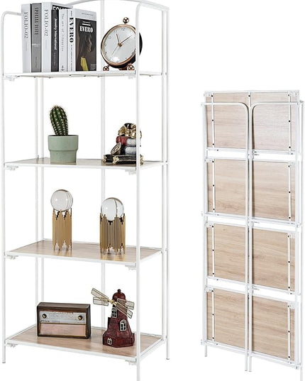 No Assembly Folding Bookshelf, 4 Tier White Bookshelf, Metal Book Shelf for Storage, Folding Bookcase for Office Organization and Storage, 12.6" D x 22.44" W x 55.51" H - LeafyLoom