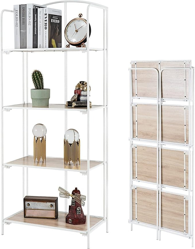 No Assembly Folding Bookshelf, 4 Tier White Bookshelf, Metal Book Shelf for Storage, Folding Bookcase for Office Organization and Storage, 12.6" D x 22.44" W x 55.51" H - LeafyLoom