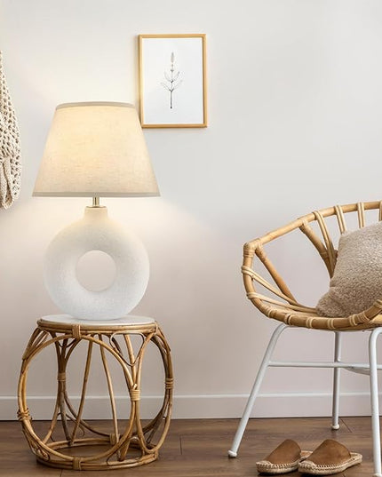 Boho Table Lamp for Living Room Bedroom, 21" Modern White Ceramic Bedside Lamps 3 Color Temperature Farmhouse Rustic Table Lamps for Night Stands, Dorm, Office, Home Décor (Bulb Included) - LeafyLoom