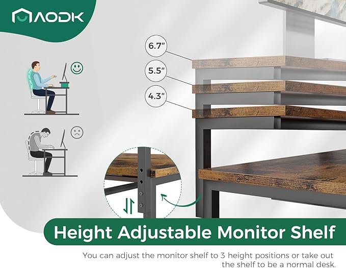 AODK Computer Desk, 48 Inch Gaming Desk with LED Lights and Power Outlet, Office Desk with Adjustable Monitor Shelf (3 Heights), Computer Table Work Desk for Home/Bedroom, Rustic Brown - LeafyLoom