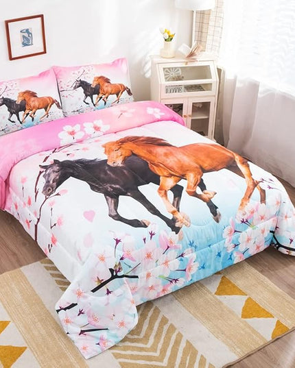 Feelyou Kids Horse Bedding Set for Girls Queen Size Chic Cherry Blossom Comforter Set for Horse Lover Gift Galloping Horse Printed Comforter 3D Wild Animal Duvet Set Bedroom Decor Quilt Set 3Pcs - LeafyLoom
