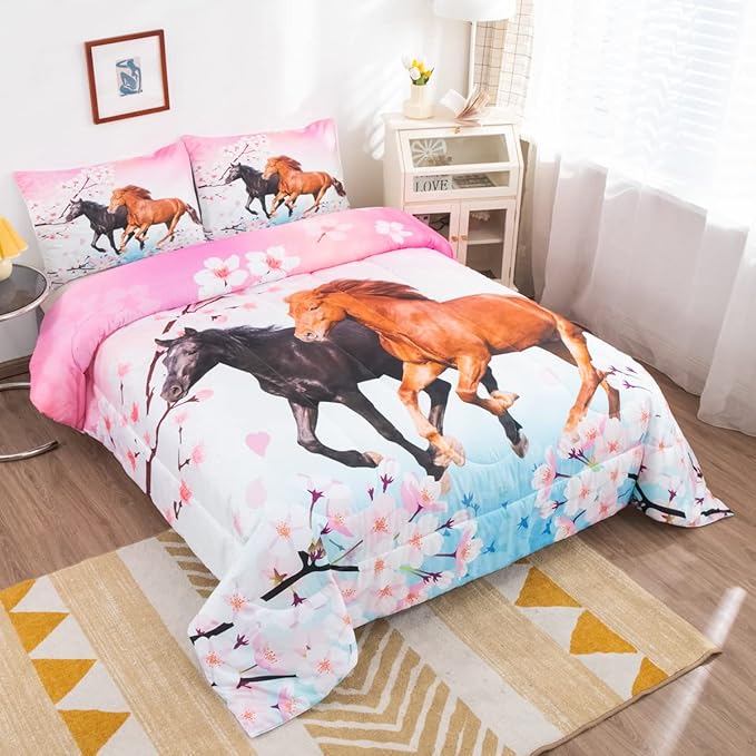 Feelyou Kids Horse Bedding Set for Girls Queen Size Chic Cherry Blossom Comforter Set for Horse Lover Gift Galloping Horse Printed Comforter 3D Wild Animal Duvet Set Bedroom Decor Quilt Set 3Pcs - LeafyLoom