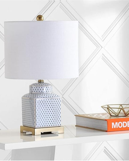 JONATHAN Y JYL3043A Cleo 21.5" Ceramic/Metal Ginger Jar LED Table Lamp Contemporary,Transitional for Bedroom, Living Room, Office, College Dorm, Coffee Table, Bookcase, White/Navy - LeafyLoom