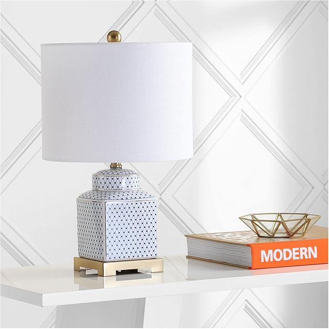 JONATHAN Y JYL3043A Cleo 21.5" Ceramic/Metal Ginger Jar LED Table Lamp Contemporary,Transitional for Bedroom, Living Room, Office, College Dorm, Coffee Table, Bookcase, White/Navy - LeafyLoom