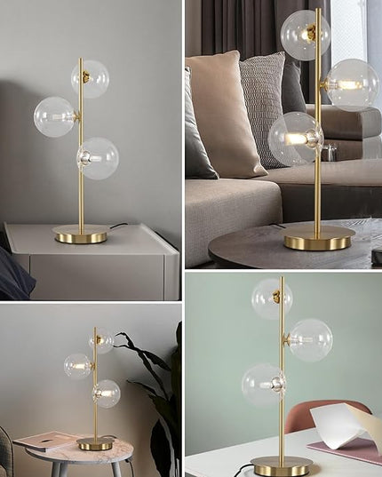 Mid Century Gold Globe Table Lamp Modern Golden Desk Reading Lamp Contemporary Brass Metal Nightstand Lamp with Clear Glass Shade Bedside Lamp for Bedroom Study Room Office MTL03-C - LeafyLoom