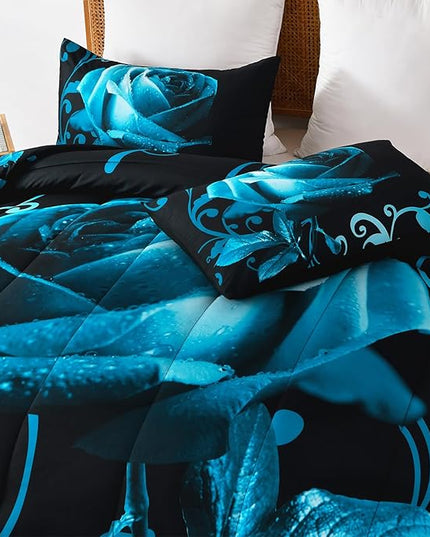 WONGS BEDDING Teal Blue Comforter Set King Reversible Teal Blue Rose Pattern Printed Bedding Comforter Set with 2 Pillowcases for All Season, Soft Microfiber Filling Bedding Set 103"x90" - LeafyLoom