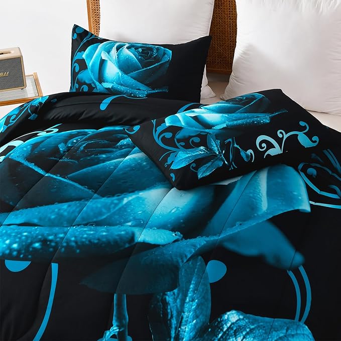 WONGS BEDDING Teal Blue Comforter Set King Reversible Teal Blue Rose Pattern Printed Bedding Comforter Set with 2 Pillowcases for All Season, Soft Microfiber Filling Bedding Set 103"x90" - LeafyLoom