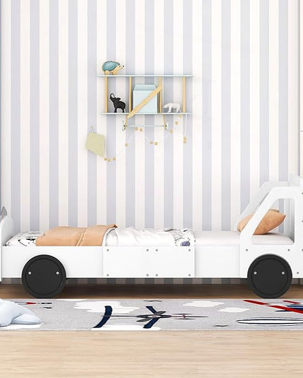Twin Size Car-Shaped Bed Frame for Kids,Wooden Platform Bed with Wheels and Side Rails for for Boys Girls,Wood Slat Supports,No Box Spring Needed,White - LeafyLoom