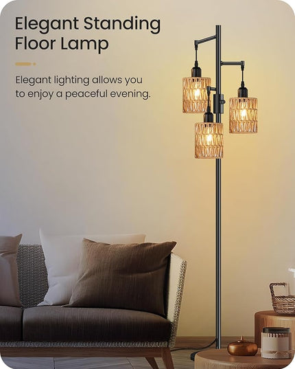 Dimmable Floor Lamp, Farmhouse Tall Standing Tree Lamp with 3 Rope Woven Lampshades, Boho Rattan Floor Lights, 4W 3 LED Bulbs Included, for Living Room, Bedroom, Study, Office B03LD05 - LeafyLoom