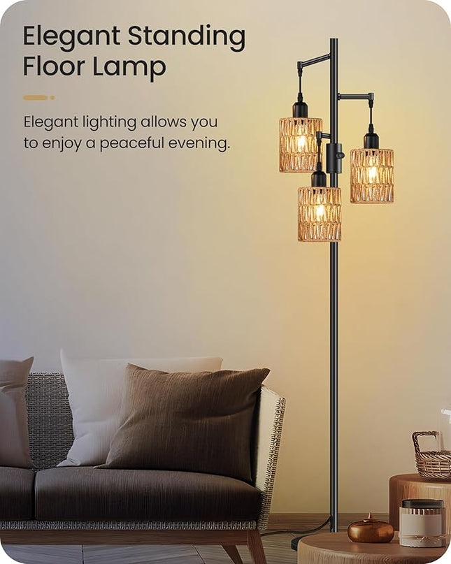 Dimmable Floor Lamp, Farmhouse Tall Standing Tree Lamp with 3 Rope Woven Lampshades, Boho Rattan Floor Lights, 4W 3 LED Bulbs Included, for Living Room, Bedroom, Study, Office B03LD05 - LeafyLoom