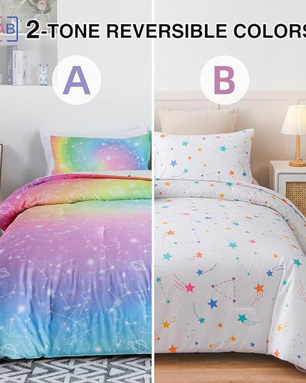 Holawakaka Tie Dye Constellation Print Rainbow Ombre Comforter Set Queen Size Girls Boys Gradient Galaxy Bedding Sets Teens Boho Bed Set(Multi,Queen) - LeafyLoom