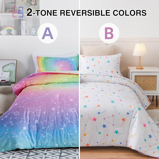 Holawakaka Tie Dye Constellation Print Rainbow Ombre Comforter Set Queen Size Girls Boys Gradient Galaxy Bedding Sets Teens Boho Bed Set(Multi,Queen) - LeafyLoom