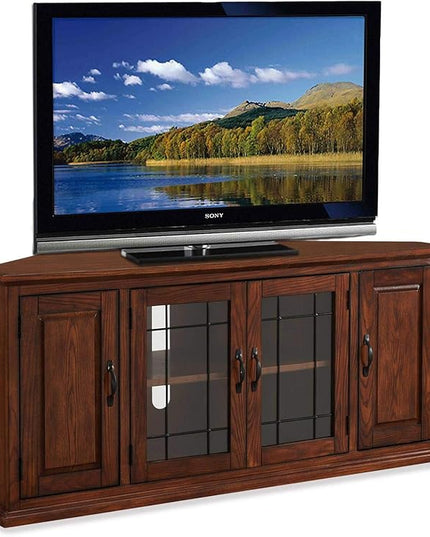Leick Home Leaded Glass Corner Stand with Enclosed Storage for 60" TV's, Burnished Oak - LeafyLoom