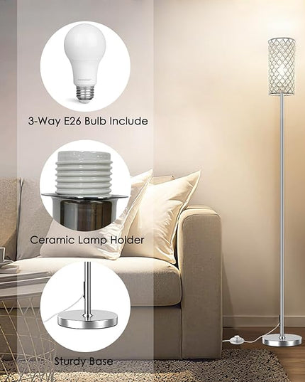 Crystal Floor Lamps - Modern Silver Standing Lamp with 3 CCT LED Bulbs for Elegant Home Decor Living Room and Bedroom Lighting - LeafyLoom