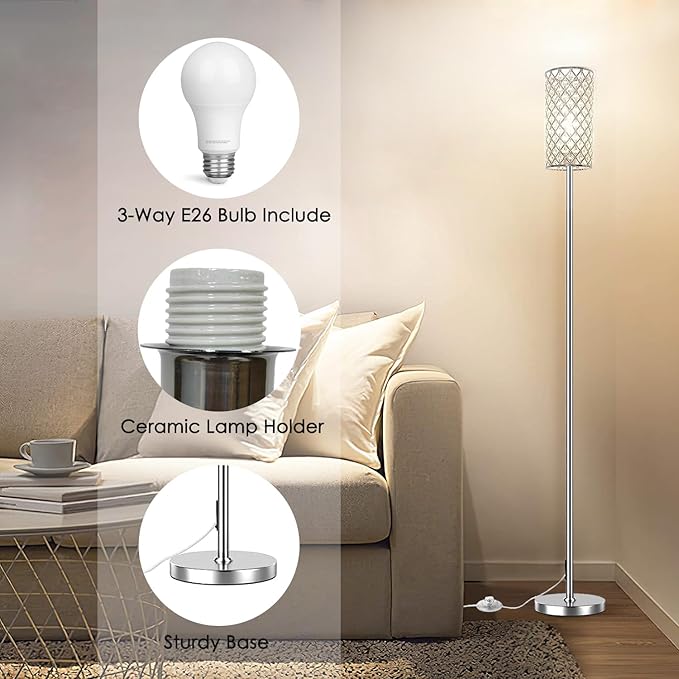 Crystal Floor Lamps - Modern Silver Standing Lamp with 3 CCT LED Bulbs for Elegant Home Decor Living Room and Bedroom Lighting - LeafyLoom