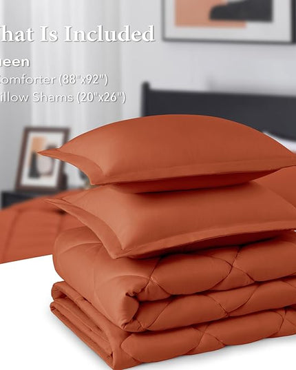 downluxe Queen Comforter Set - Burnt Orange Comforter Set Queen, 3 Pieces Solid Comforter Set Queen Size for All Seasons, 1 Lightweight Fluffy Comforter (88"x92") and 2 Pillow Shams - LeafyLoom