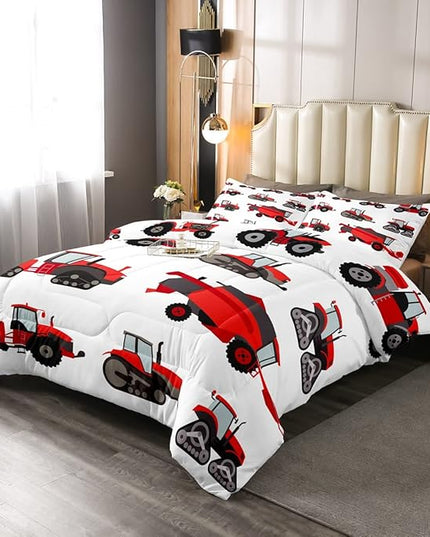 Red Tractor Comforter Set Full Size Heavy Equipment Truck Bedding Set For Kids Boys Girls Teens Harvester Tractor Down Comforter Farm Equipment Quilt Set Bedroom Collection 3Pcs Car Room Decor - LeafyLoom