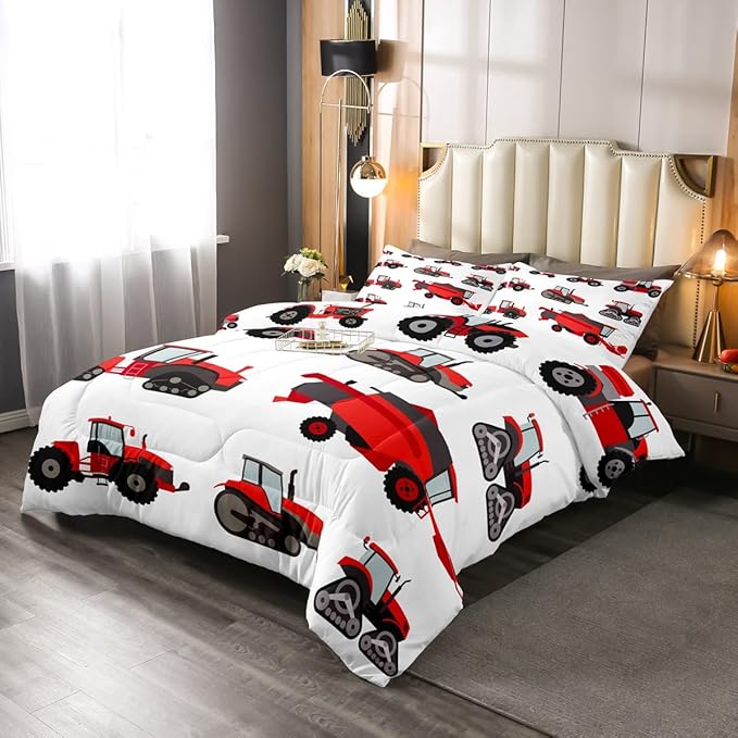 Red Tractor Comforter Set Full Size Heavy Equipment Truck Bedding Set For Kids Boys Girls Teens Harvester Tractor Down Comforter Farm Equipment Quilt Set Bedroom Collection 3Pcs Car Room Decor - LeafyLoom