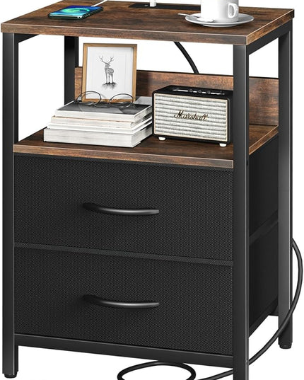 Yoobure Nightstand with Charging Station, Small Night Stand with Fabric Drawers and Storage Shelf for Bedrooms, Nightstands for Small Spaces, Bedside Table with USB Ports & Outlets, Bed Side Table - LeafyLoom