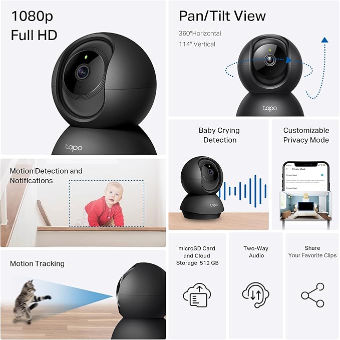 Tapo by TP-Link Pan/Tilt Security Camera for Baby Monitor, Pet Camera w/Motion Detection, 1080P, 2-Way Audio, Night Vision, Cloud & SD Card Storage, Works with Alexa & Google Home, Black (Tapo C201) Tapo
