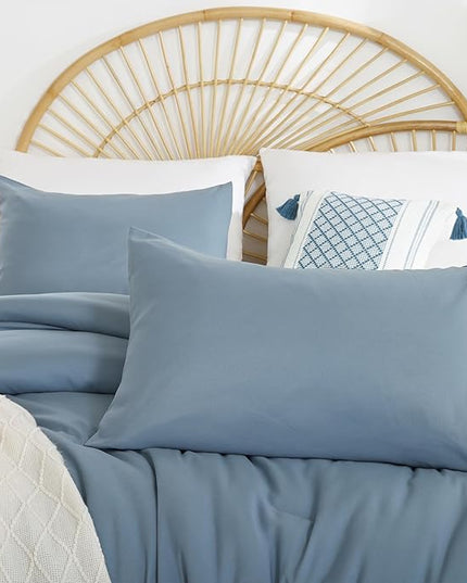 Grayish Blue Full Comforter Boho Dusty Blue 3PCS Microfiber Bed Comforter Sets for All Season Comforter for Men and Women Soft Lightweight Bed Comforter Set (1 Comforter, 2 Pillowcases) - LeafyLoom