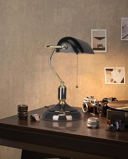 FIRVRE Bankers Desk Lamp with Pull Chain Switch Plug in Fixture, Black Glass Shade Desk Lamps, Golden and Black E26 Base, Traditional Library Lamp for Office,Piano,Study Room - LeafyLoom