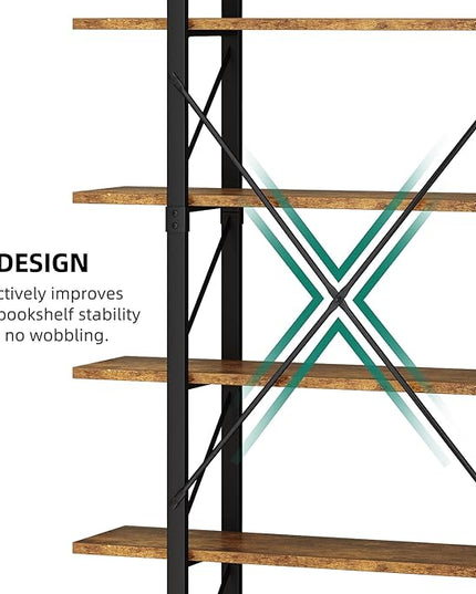 YITAHOME 5 Tier Bookshelf, 70.9" Tall Industrial Bookcase, Wide Open Display Storage Book Shelf for Living Room/Bedroom/Home/Office, Rustic Brown - LeafyLoom