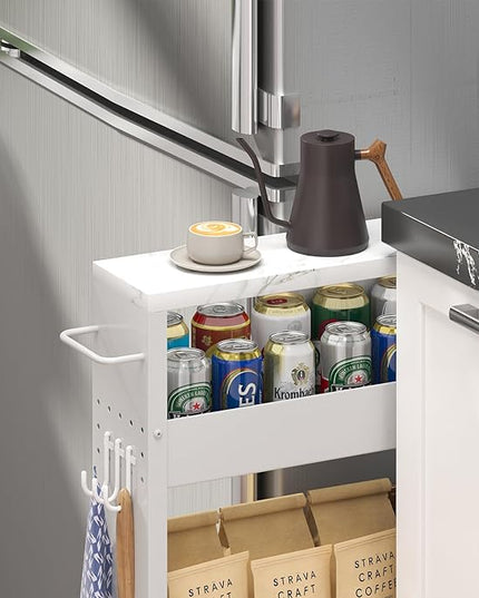 Slim Storage Cart, 4-Tier Kitchen Rolling Cart Narrow Storage Cabinet with Handle & Wheels, Metal Rolling Shelf Unit for Kitchen Bathroom Laundry Small Places(5 in Width/White) - LeafyLoom