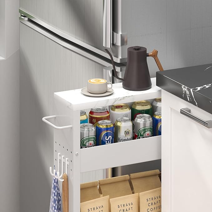 Slim Storage Cart, 4-Tier Kitchen Rolling Cart Narrow Storage Cabinet with Handle & Wheels, Metal Rolling Shelf Unit for Kitchen Bathroom Laundry Small Places(5 in Width/White) - LeafyLoom