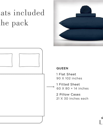 Linen Home Washed Cotton Percale Queen Sheet Set, Navy Blue, Deep Pocket, 4 Pieces Bed Sheets - 1 Flat Sheet, 1 Fitted Sheet & 2 Envelope Closure Pillowcases, Cool and Comfortable Bed Linen - LeafyLoom