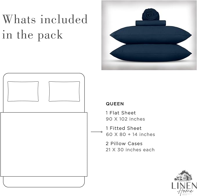 Linen Home Washed Cotton Percale Queen Sheet Set, Navy Blue, Deep Pocket, 4 Pieces Bed Sheets - 1 Flat Sheet, 1 Fitted Sheet & 2 Envelope Closure Pillowcases, Cool and Comfortable Bed Linen - LeafyLoom