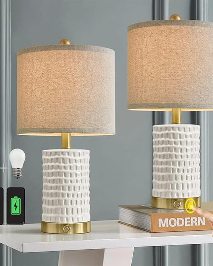 PORTRES 19" Farmhouse 3-Way Dimmable Touch Ceramic Table Lamp Set of 2 for Bedroom White Bedside Lamps with USB A+C Charging Ports for Living room Nightstand Lamp End Table lamps - LeafyLoom