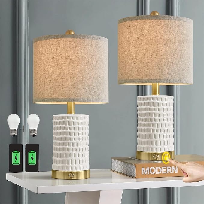 PORTRES 19" Farmhouse 3-Way Dimmable Touch Ceramic Table Lamp Set of 2 for Bedroom White Bedside Lamps with USB A+C Charging Ports for Living room Nightstand Lamp End Table lamps - LeafyLoom