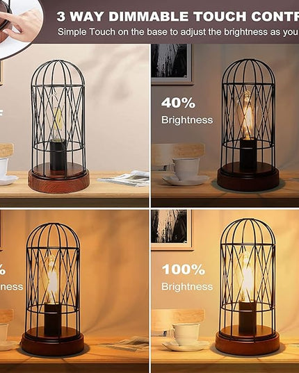 Vintage Rustic Desk Lamp Set of 2,Small Industrial Table Lamp 3 Way Dimmable Touch Control Edison Lamp with AC Outlet Bedside Lamp Metal Cage Steampunk Nightstand Lamp for Bedroom Living Room - LeafyLoom