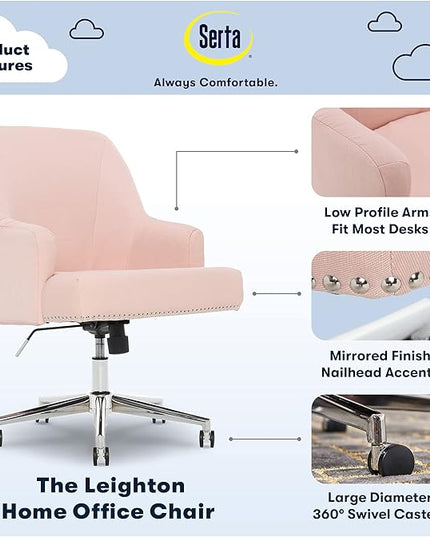 Serta Leighton Modern Office Chair, Stylish Mid-Back Desk Chair, Rivet Detail, Serta Quality Memory Foam, Armchair with Wheels, Vanity Chair, Swivel Chrome Metal Base, Twill Fabric, Blush Pink - LeafyLoom