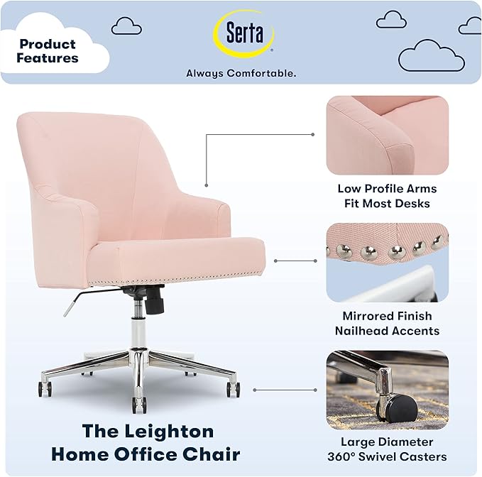 Serta Leighton Modern Office Chair, Stylish Mid-Back Desk Chair, Rivet Detail, Serta Quality Memory Foam, Armchair with Wheels, Vanity Chair, Swivel Chrome Metal Base, Twill Fabric, Blush Pink - LeafyLoom